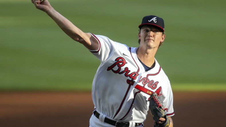 Aug 3, 2020; Atlanta, Georgia, USA; Atlanta Braves starting pitcher Mike Soroka (40) throws against the New York Mets in the first inning at Truist Park. Mandatory Credit: Brett Davis-USA TODAY Sports