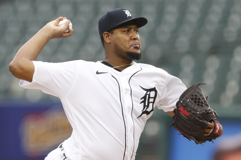 Aug 14, 2020; Detroit, Michigan, USA; Detroit Tigers starting pitcher Ivan Nova (43) pitches during the first inning against the Cleveland Indians at Comerica Park. Mandatory Credit: Raj Mehta-USA TODAY Sports