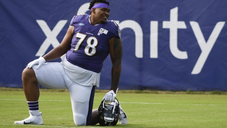 Aug 17, 2020; Owings Mills, Maryland, USA;  Baltimore Ravens offensive tackle Orlando Brown Jr. (78) during practice at Under Armour Performance Center. Mandatory Credit: Tommy Gilligan-USA TODAY Sports