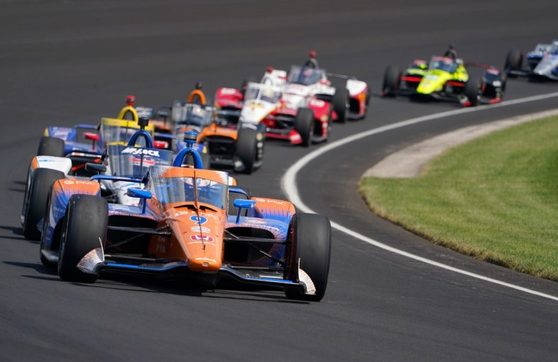 Aug 23, 2020; Indianapolis, Indiana, USA; Indy Series driver Scott Dixon (9) during the 104th Running of the Indianapolis 500 at Indianapolis Motor Speedway. Mandatory Credit: Mike Dinovo-USA TODAY Sports