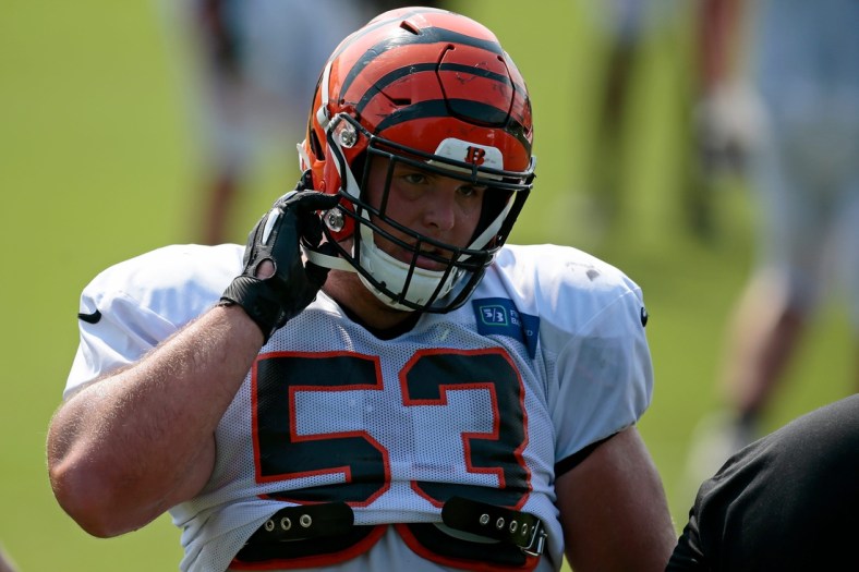 Cincinnati Bengals center Billy Price (53) cools off after a drill during a training camp practice at the Paul Brown Stadium practice field in downtown Cincinnati on Monday, Aug. 24, 2020.

Cincinnati Bengals Training Camp
