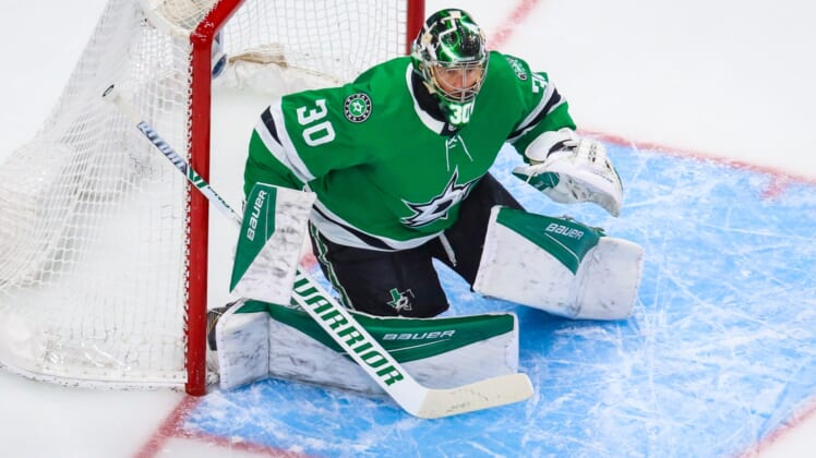 Aug 13, 2020; Edmonton, Alberta, CAN; Dallas Stars goaltender Ben Bishop (30) guards his net against the Calgary Flames during the first period in game two of the first round of the 2020 Stanley Cup Playoffs at Rogers Place. Mandatory Credit: Sergei Belski-USA TODAY Sports
