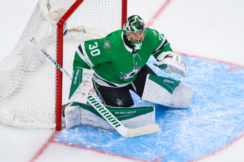 Aug 13, 2020; Edmonton, Alberta, CAN; Dallas Stars goaltender Ben Bishop (30) guards his net against the Calgary Flames during the first period in game two of the first round of the 2020 Stanley Cup Playoffs at Rogers Place. Mandatory Credit: Sergei Belski-USA TODAY Sports