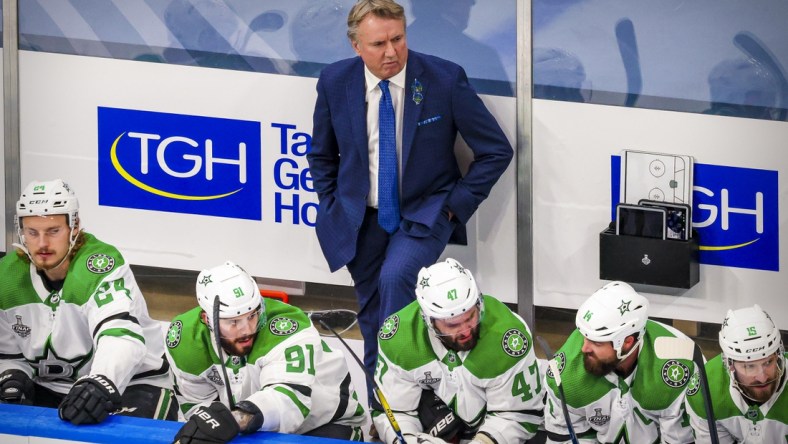 Sep 21, 2020; Edmonton, Alberta, CAN; A view of Dallas Stars head coach Rick Bowness during the third period between the Tampa Bay Lightning and the Dallas Stars in game two of the 2020 Stanley Cup Final at Rogers Place. Mandatory Credit: Sergei Belski-USA TODAY Sports