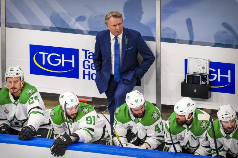 Sep 21, 2020; Edmonton, Alberta, CAN; A view of Dallas Stars head coach Rick Bowness during the third period between the Tampa Bay Lightning and the Dallas Stars in game two of the 2020 Stanley Cup Final at Rogers Place. Mandatory Credit: Sergei Belski-USA TODAY Sports