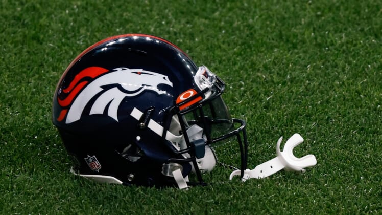 Sep 14, 2020; Denver, Colorado, USA; A Denver Broncos helmet on the ground before the game against the Tennessee Titans at Empower Field at Mile High. Mandatory Credit: Isaiah J. Downing-USA TODAY Sports