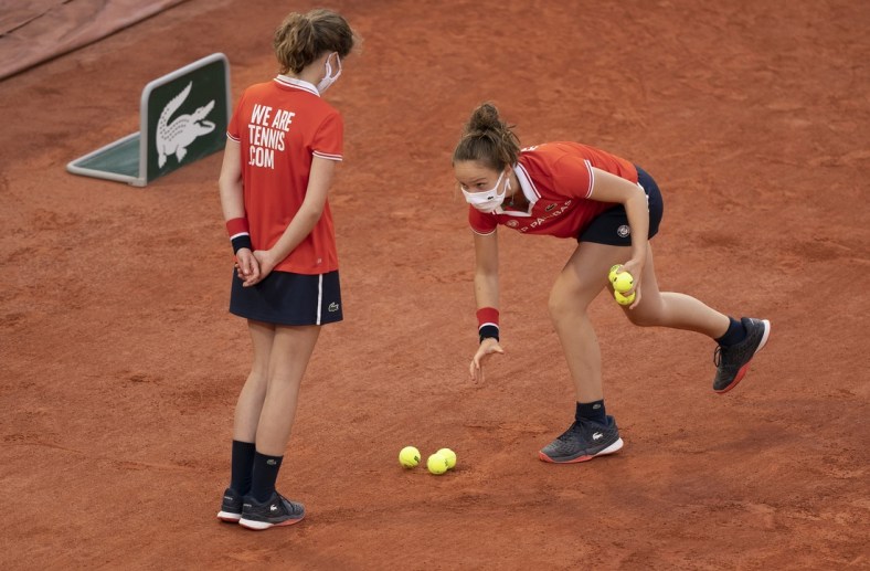 Oct 1, 2020; Paris, France; A general view of ball persons on day five at Stade Roland Garros. Mandatory Credit: Susan Mullane-USA TODAY Sports