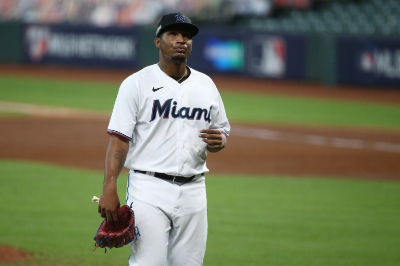 Oct 8, 2020; Houston, Texas, USA; Miami Marlins starting pitcher Sixto Sanchez (73) reacts during the third inning of game three of the 2020 NLDS against the Atlanta Braves at Minute Maid Park. Mandatory Credit: Troy Taormina-USA TODAY Sports