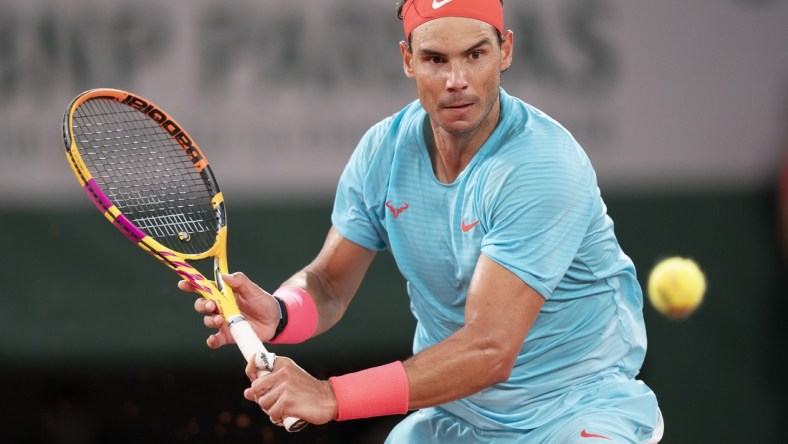 Oct 11, 2020;  Paris, France; Rafael Nadal (ESP) in action during his match against Novak Djokovic (SRB) on day 15 at Stade Roland Garros. Mandatory Credit: Susan Mullane-USA TODAY Sports