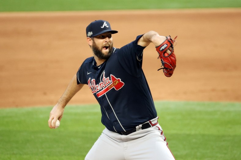 Oct 17, 2020; Arlington, Texas, USA; Atlanta Braves relief pitcher Chris Martin (55) throws the ball in the eighth inning against the Los Angeles Dodgers during game six of the 2020 NLCS at Globe Life Field. Mandatory Credit: Kevin Jairaj-USA TODAY Sports
