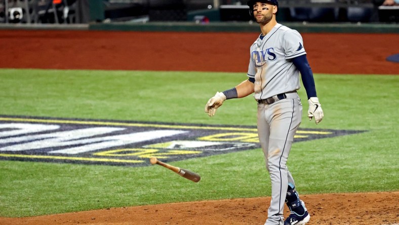 Oct 27, 2020; Arlington, Texas, USA; Tampa Bay Rays center fielder Kevin Kiermaier (39) reacts after striking out during the fourth inning against the Los Angeles Dodgers during game six of the 2020 World Series at Globe Life Field. Mandatory Credit: Kevin Jairaj-USA TODAY Sports