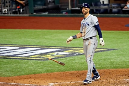 Oct 27, 2020; Arlington, Texas, USA; Tampa Bay Rays center fielder Kevin Kiermaier (39) reacts after striking out during the fourth inning against the Los Angeles Dodgers during game six of the 2020 World Series at Globe Life Field. Mandatory Credit: Kevin Jairaj-USA TODAY Sports