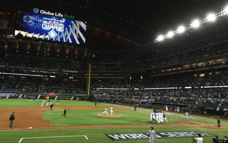 Oct 27, 2020; Arlington, Texas, USA; An overall view of the field as the Los Angeles Dodgers celebrate winning the World Series over the Tampa Bay Rays after game six of the 2020 World Series at Globe Life Field. Mandatory Credit: Kevin Jairaj-USA TODAY Sports