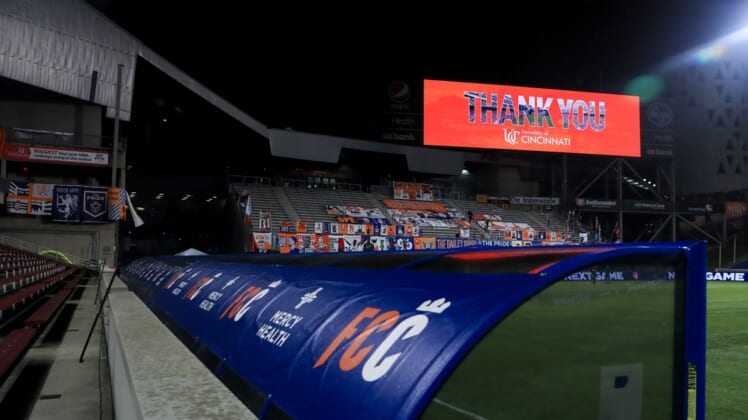Oct 28, 2020; Cincinnati, OH, USA; A view of the video board thanking fans and the University of Cincinnati, after the game between Sporting Kansas City and FC Cincinnati at Nippert Stadium. Mandatory Credit: Aaron Doster-USA TODAY Sports