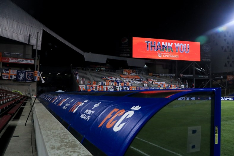 Oct 28, 2020; Cincinnati, OH, USA; A view of the video board thanking fans and the University of Cincinnati, after the game between Sporting Kansas City and FC Cincinnati at Nippert Stadium. Mandatory Credit: Aaron Doster-USA TODAY Sports
