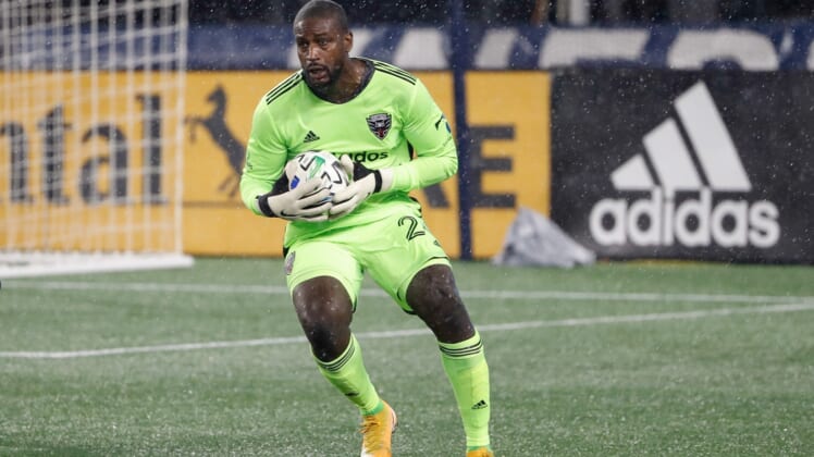 Nov 1, 2020; Foxborough, Massachusetts, USA; D.C. United goalkeeper Bill Hamid (24) during the first half against the New England Revolution at Gillette Stadium. Mandatory Credit: Winslow Townson-USA TODAY Sports