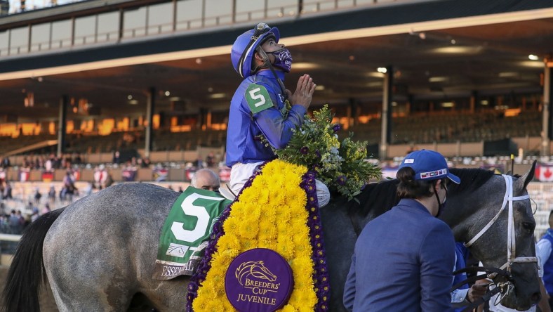 Nov 6, 2020; Lexington, KY, USA; Luis Saez aboard Essential Quality (5) reacts after winning the Breeder's Cup Juvenile race during the 37th Breeders Cup World Championship at Keeneland Race Track. Mandatory Credit: Katie Stratman-USA TODAY Sports