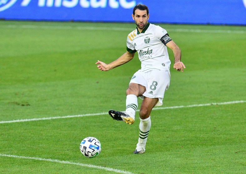 Nov 8, 2020; Los Angeles, CA, Los Angeles, CA, USA; Portland Timbers midfielder Diego Valeri (8) passes the ball against Los Angeles FC during the first half at Banc Of California Stadium. Mandatory Credit: Gary A. Vasquez-USA TODAY Sports