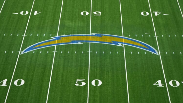Nov 8, 2020; Inglewood, California, USA; A general view of the Los Angeles Chargers bolt logo at midfield at SoFi Stadium. Mandatory Credit: Kirby Lee-USA TODAY Sports