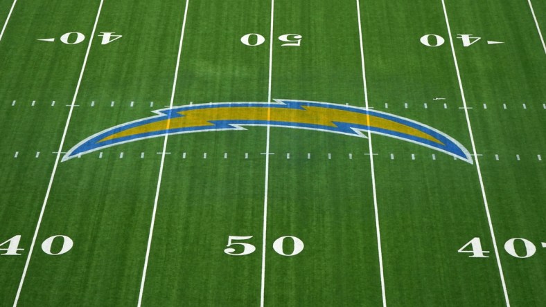 Nov 8, 2020; Inglewood, California, USA; A general view of the Los Angeles Chargers bolt logo at midfield at SoFi Stadium. Mandatory Credit: Kirby Lee-USA TODAY Sports