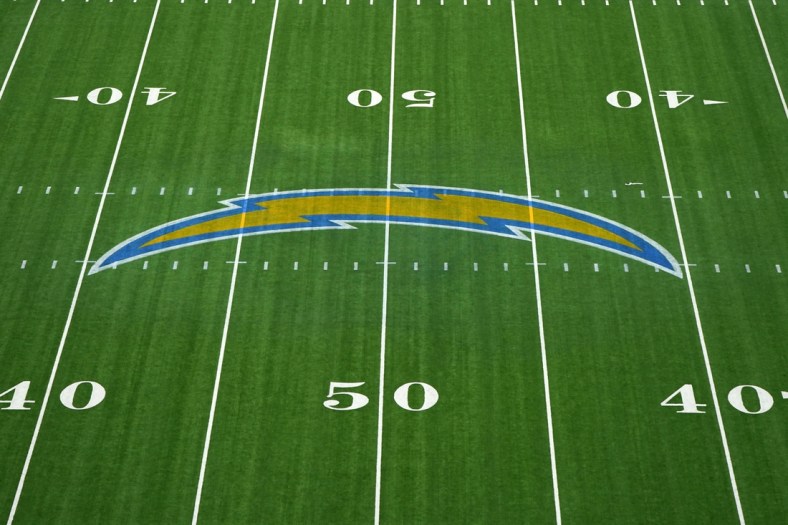 Nov 8, 2020; Inglewood, California, USA; A general view of the Los Angeles Chargers bolt logo at midfield at SoFi Stadium. Mandatory Credit: Kirby Lee-USA TODAY Sports