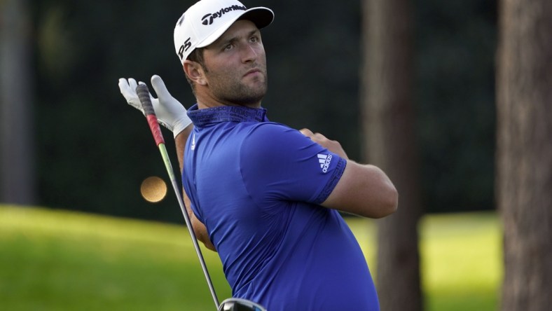 Nov 14, 2020; Augusta, Georgia, USA; Jon Rahm drops his club on the 17th tee during the third round of The Masters golf tournament at Augusta National GC. Mandatory Credit: Michael Madrid-USA TODAY Sports