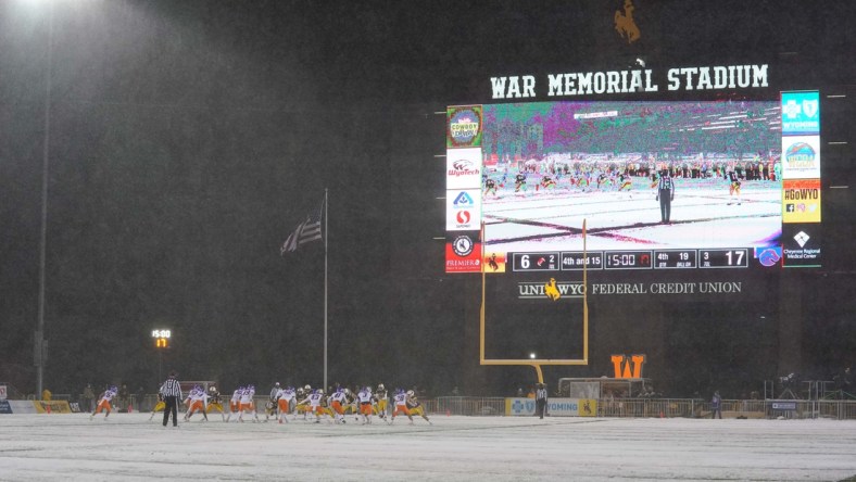 Dec 12, 2020; Laramie, Wyoming, USA; A general view of War Memorial Stadium during the Wyoming Cowboys against the Boise State Broncos during the fourth quarter at Jonah Field. Mandatory Credit: Troy Babbitt-USA TODAY Sports