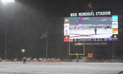 Dec 12, 2020; Laramie, Wyoming, USA; A general view of War Memorial Stadium during the Wyoming Cowboys against the Boise State Broncos during the fourth quarter at Jonah Field. Mandatory Credit: Troy Babbitt-USA TODAY Sports
