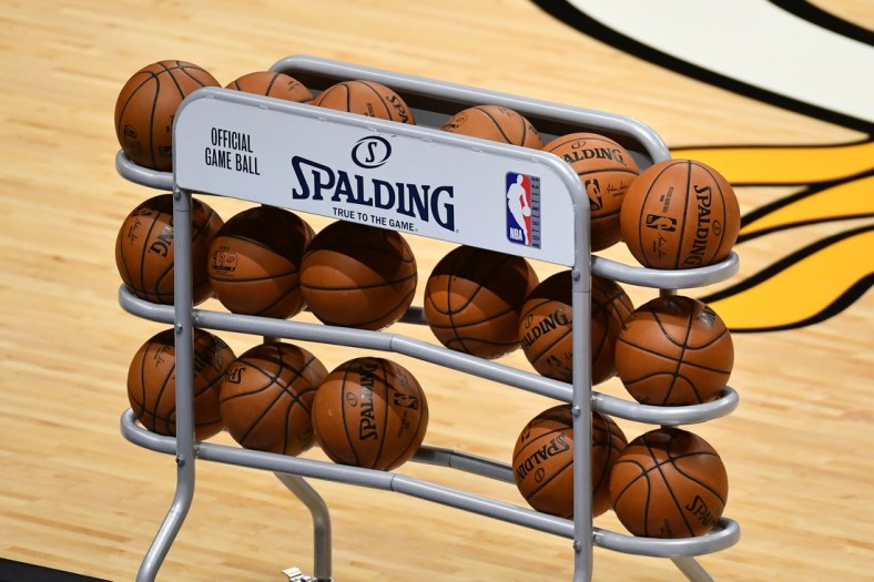 Dec 25, 2020; Miami, Florida, USA; A general view of a rack of basketballs on the court prior to the game between the Miami Heat and the New Orleans Pelicans at American Airlines Arena. Mandatory Credit: Jasen Vinlove-USA TODAY Sports