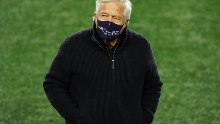 Dec 28, 2020; Foxborough, Massachusetts, USA; New England Patriots owner Robert Kraft  on the field as his team warms up before the start of the game against the Buffalo Bills at Gillette Stadium. Mandatory Credit: David Butler II-USA TODAY Sports