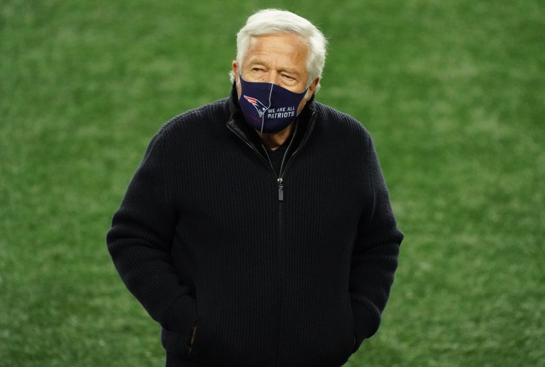 Dec 28, 2020; Foxborough, Massachusetts, USA; New England Patriots owner Robert Kraft  on the field as his team warms up before the start of the game against the Buffalo Bills at Gillette Stadium. Mandatory Credit: David Butler II-USA TODAY Sports