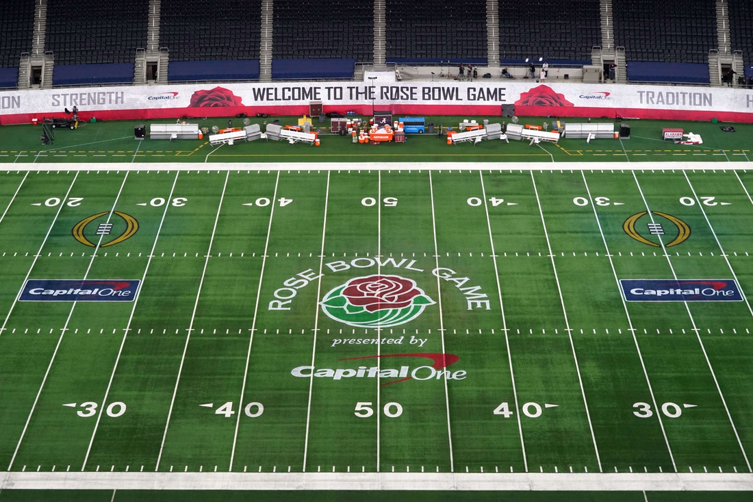 Jan 1, 2021; Arlington, Texas, USA; A general view of the Rose Bowl game logo at midfield during the Rose Bowl between the Alabama Crimson Tide and the Notre Dame Fighting Irish at AT&T Stadium. Mandatory Credit: Kirby Lee-USA TODAY Sports