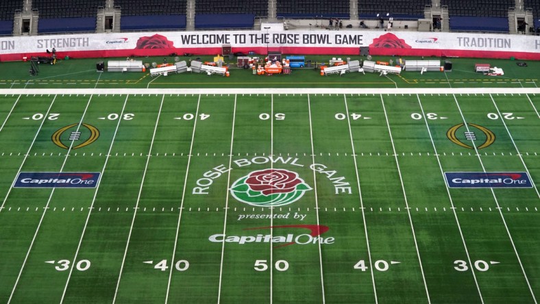 Jan 1, 2021; Arlington, Texas, USA; A general view of the Rose Bowl game logo at midfield during the Rose Bowl between the Alabama Crimson Tide and the Notre Dame Fighting Irish at AT&T Stadium. Mandatory Credit: Kirby Lee-USA TODAY Sports