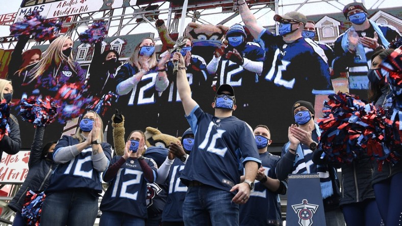 Jan 10, 2021; Nashville, Tennessee, USA; Nashville police officers who saved lives during the Christmas bombing are honored at the start of the Tennessee Titans game against the Baltimore Ravens. Mandatory Credit: George Walker IV/The Tennessean via USA TODAY Sports