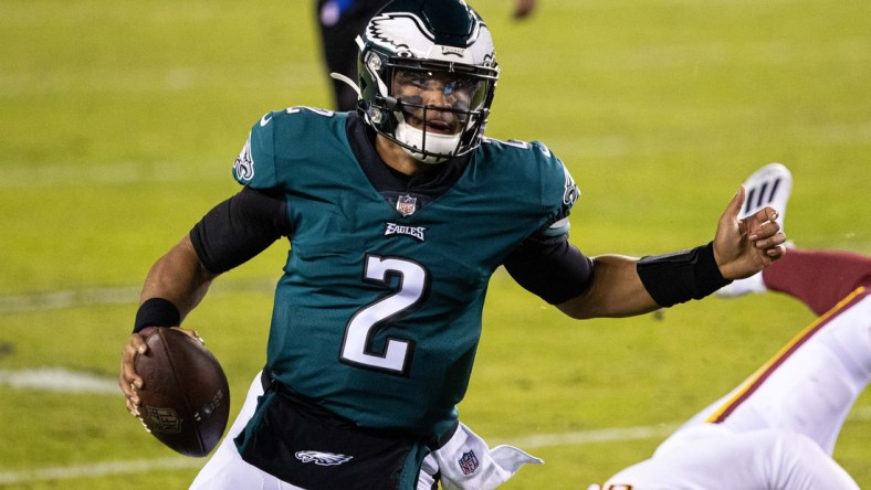 Jan 3, 2021; Philadelphia, Pennsylvania, USA; Philadelphia Eagles quarterback Jalen Hurts (2) in action against the Washington Football Team during the second quarter at Lincoln Financial Field. Mandatory Credit: Bill Streicher-USA TODAY Sports