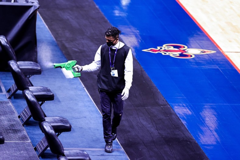 Jan 25, 2021; New Orleans, Louisiana, USA;  The arena is being sanitized due to an NBA protocol both New Orleans Pelicans and San Antonio Spurs had players with Covid-19 so the game was canceled at Smoothie King Center. Mandatory Credit: Stephen Lew-USA TODAY Sports