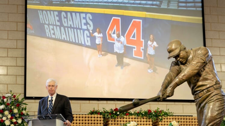 Jan 26, 2021; Atlanta, GA, USA; Braves Chairman Terry McGuirk speaks during "A Celebration of Henry Louis Aaron," a memorial service celebrating the life and enduring legacy of the late Hall of Famer and American icon, on Tuesday, Jan. 26, 2021 at Truist Park in Atlanta. Mandatory Credit: Kevin D. Liles/Pool Photo-USA TODAY Sports