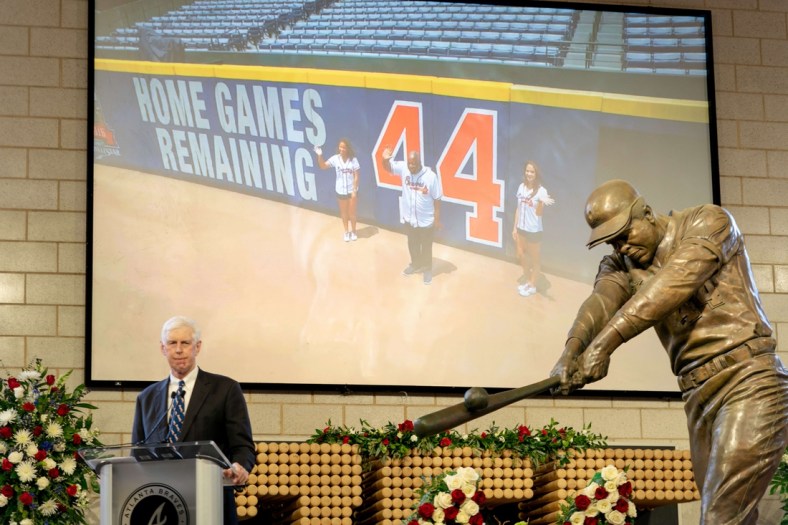 Jan 26, 2021; Atlanta, GA, USA; Braves Chairman Terry McGuirk speaks during "A Celebration of Henry Louis Aaron," a memorial service celebrating the life and enduring legacy of the late Hall of Famer and American icon, on Tuesday, Jan. 26, 2021 at Truist Park in Atlanta. Mandatory Credit: Kevin D. Liles/Pool Photo-USA TODAY Sports