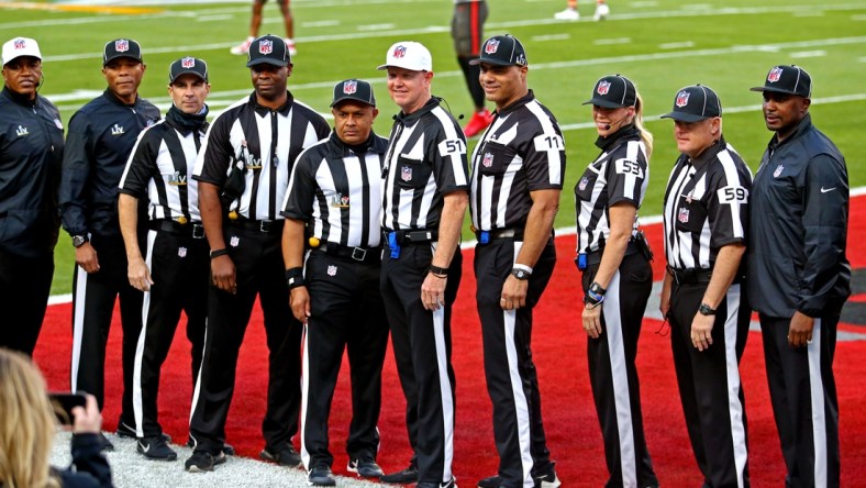 Feb 4, 2020; Tampa, FL, USA;  The NFL Super Bowl official crew poses for picture before Super Bowl LV between the Kansas City Chiefs and the Tampa Bay Buccaneers at Raymond James Stadium.  Mandatory Credit: Mark J. Rebilas-USA TODAY Sports