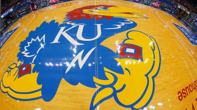 Feb 11, 2021; Lawrence, Kansas, USA; A general view of the Kansas Jayhawks center court logo at Allen Fieldhouse before a game against the Iowa State Cyclones. Mandatory Credit: Denny Medley-USA TODAY Sports