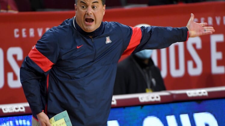 Feb 20, 2021; Los Angeles, California, USA;  Arizona Wildcats head coach Sean Miller on the sidelines during the second half of the game against the USC Trojans at Galen Center. Mandatory Credit: Jayne Kamin-Oncea-USA TODAY Sports