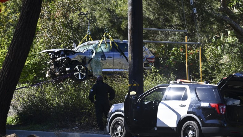 Feb 23, 2021; Rancho Palos Verdes, CA, USA; The vehicle of Tiger Woods after he was involved in a rollover accident in Rancho Palos Verdes on February 23, 2021. Woods had to be extricated from the wreck with the "jaws of life" by LA County firefighters, and is currently hospitalized. Mandatory Credit: Harrison Hill-USA TODAY