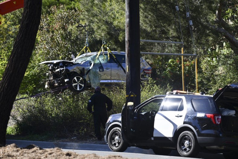 Feb 23, 2021; Rancho Palos Verdes, CA, USA; The vehicle of Tiger Woods after he was involved in a rollover accident in Rancho Palos Verdes on February 23, 2021. Woods had to be extricated from the wreck with the "jaws of life" by LA County firefighters, and is currently hospitalized. Mandatory Credit: Harrison Hill-USA TODAY