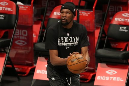 Feb 23, 2021; Brooklyn, New York, USA; Brooklyn Nets power forward Kevin Durant (7) warms up before a game against the Sacramento Kings at Barclays Center. Mandatory Credit: Brad Penner-USA TODAY Sports