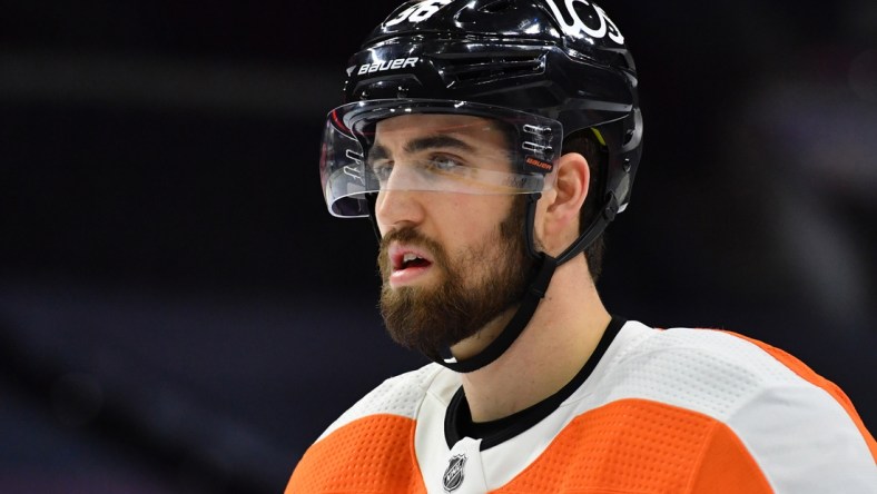 Feb 18, 2021; Philadelphia, Pennsylvania, USA; Philadelphia Flyers defenseman Erik Gustafsson (56) during the first period against the New York Rangers at Wells Fargo Center. Mandatory Credit: Eric Hartline-USA TODAY Sports