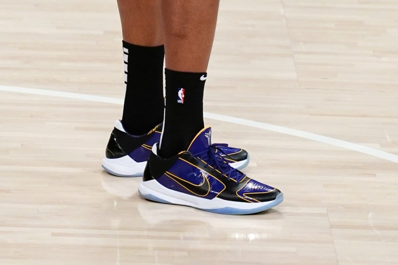 Feb 26, 2021; Los Angeles, California, USA; Detailed view of the Nike Kobe Bryant shoes worn by Los Angeles Lakers forward Markieff Morris (88) in the second half against the Portland Trail Blazers at Staples Center. Mandatory Credit: Kirby Lee-USA TODAY Sports
