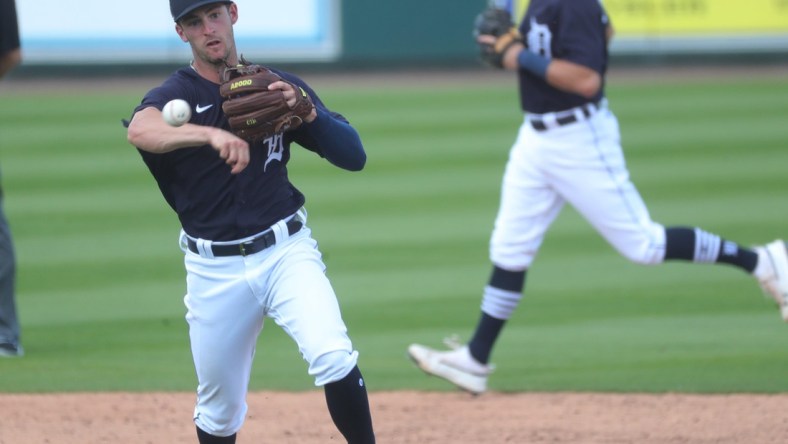 Detroit Tigers' Zack Short throws to first during Grapefruit League action against the Philadelphia Phillies on Sunday, Feb. 28, 2021, at Publix Field at Joker Marchant Stadium in Lakeland, Florida.

Spring Training