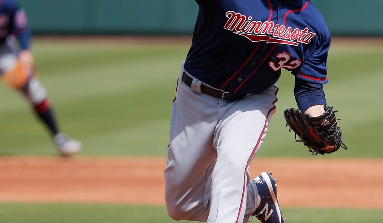 Mar 5, 2021; North Port, Florida, USA;  Minnesota Twins pitcher Matt Shoemaker (32) pitches in the first inning during spring training at CoolToday Park. Mandatory Credit: Nathan Ray Seebeck-USA TODAY Sports