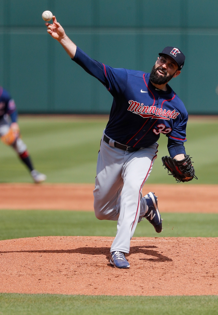 Mar 5, 2021; North Port, Florida, USA;  Minnesota Twins pitcher Matt Shoemaker (32) pitches in the first inning during spring training at CoolToday Park. Mandatory Credit: Nathan Ray Seebeck-USA TODAY Sports