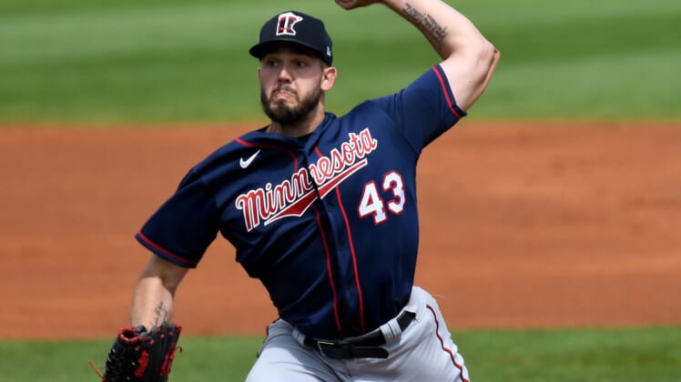 Mar 1, 2021; Port Charlotte, Florida, USA; Minnesota Twins pitcher Lewis Thorpe (43)  throws a pitch in the first inning against the Tampa Bay Rays during spring training at Charlotte Sports Park. Mandatory Credit: Jonathan Dyer-USA TODAY Sports